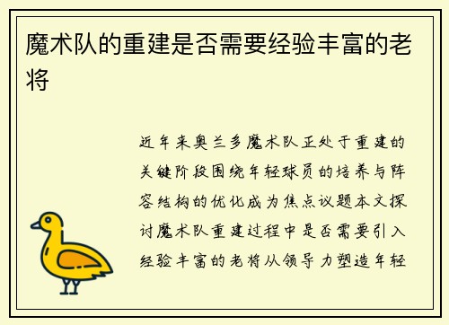 魔术队的重建是否需要经验丰富的老将