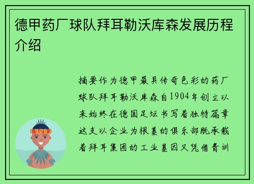 德甲药厂球队拜耳勒沃库森发展历程介绍