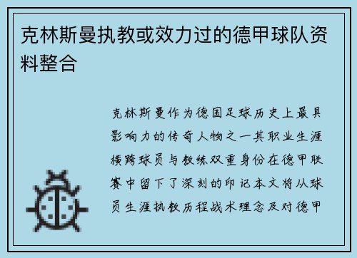 克林斯曼执教或效力过的德甲球队资料整合